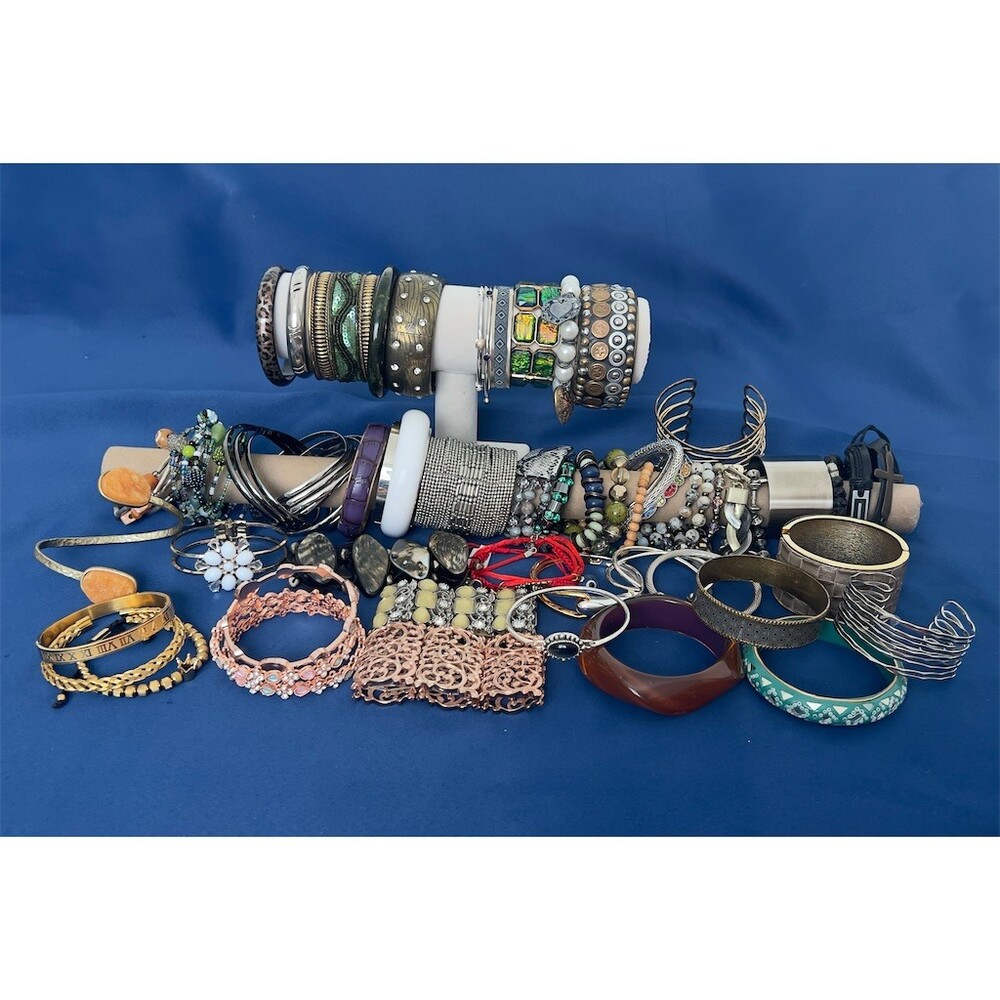 Lot of 50+ Mixed Bracelets Bangles Cuffs Beaded Stretch Charm Bundle